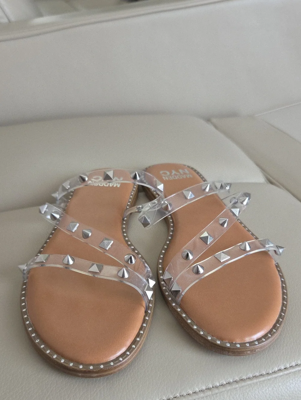 Steve Madden Clear Studded Slide Sandals in Tan